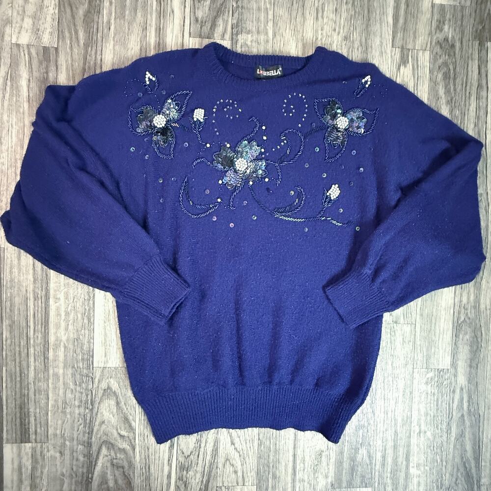 Vintage Loubella Purple Beaded Sequin Floral Sweater Free Size Made in Thailand